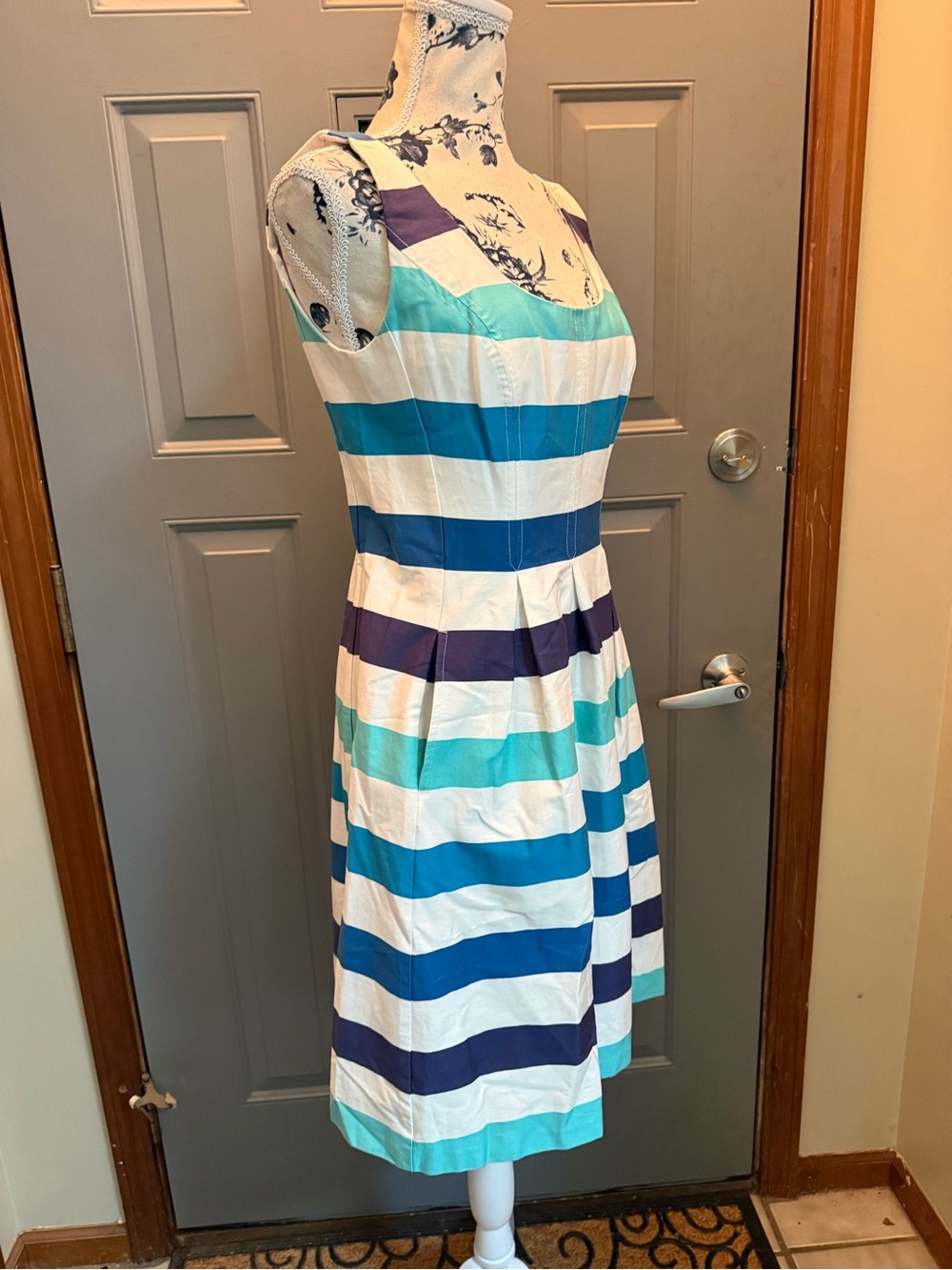 Nine West- Striped Sleeveless Fit-and-Flare Dress White, Teal & Blue(6)-pockets!